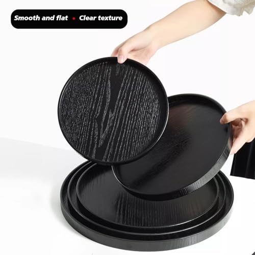 River Round Wood Serving Tray, Solid Wooden Decorative Tray Non-Slip Tea Coffee Table Tray Snack Plate Food Meals Serving Tray with Raised Edges for Home Decor Kitchen Restaurant(11.8inch/30cm, Black) - size: 11.8"