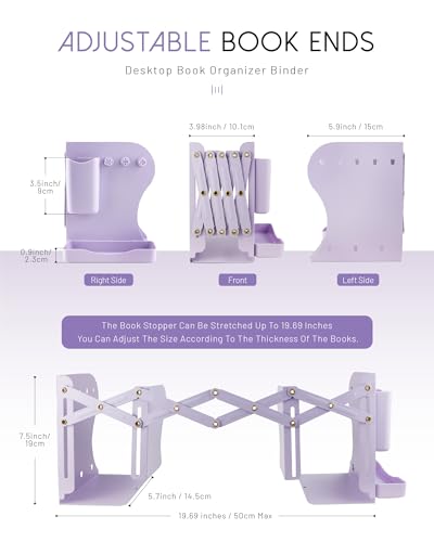 Heavy Duty Bookends Adjustable Book End, Desk Book Holder for Shelves, Book Organizer for Desk, Suitable for Office Home School (19.69 inches Max) (Purple) - color: Purple