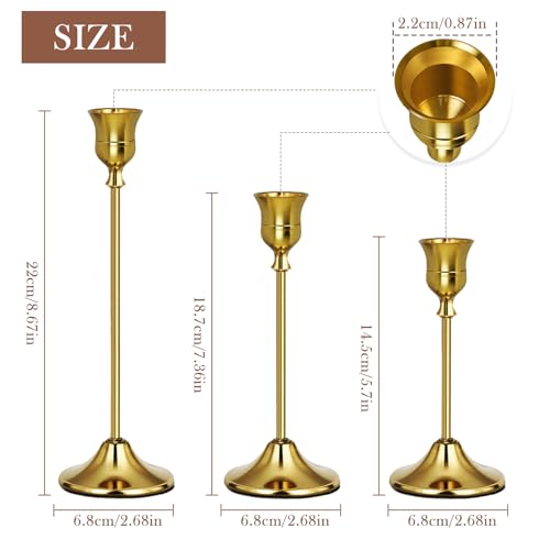 Gold Candlestick Holders Set of 3, Weighted, Metal Taper Candle Stick Holders, Vintage Christmas Brass Home Decor for Table, Mantel, Room Decorations Housewarming Gift Gold-3 - color: Gold, size: Set of 3