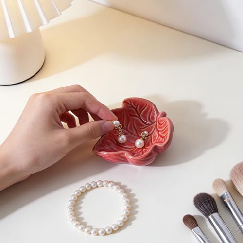 Jewelry Tray, Ceramic Leaves Jewelry Dish, Ring Holder Dish, Small Trinket Tray, Washable Key Bowl(Red) - color: Red