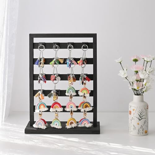 Ikee Design Wooden Jewelry Display Rack with 20 Removable Metal Hooks,Earring Card Display Stand,Jewelry Organizer,Earring Bracelet Organizer, Keychain Stand, Black Color - color: 1) Black