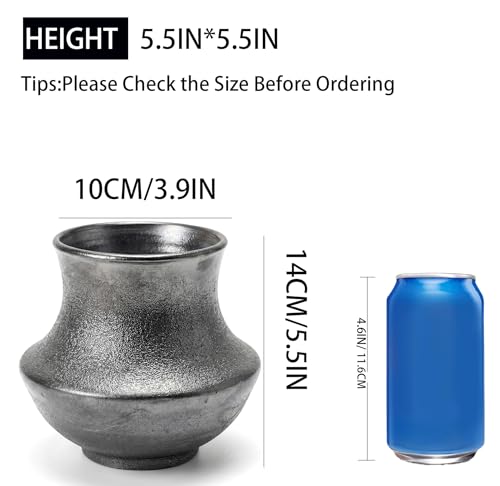 Handmade Small Matte Black Ceramic Vase,Ndustrial Farmhouse Style, Rustic Textured Vase for Home Decor,Ideal for Pampas Grass,Dried Flowers,Living Room, Bedroom Shelf Table 5.5IN（Silver Metal ）