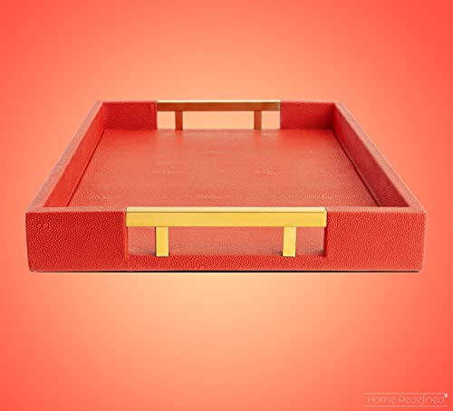 Modern Elegant 17.5"x12" Rectangle Red Shagreen Faux Leather Decorative Tray Ottoman Coffee Table Perfume Living Room Kitchen Serving Tray with Gold Polished Metal Handles by Home Redefined - color: Red/Gold