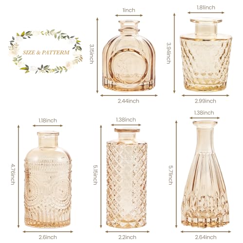 UPBUD Amber Glass Bud Vases Set of 5, Gold Flower Vase for Centerpieces, Small Clear Vases in Bulk for Wedding Decorations, Vintage Vase for Table, Recepetion, Home Décor - color: Standard-gold Amber, size: 5pcs