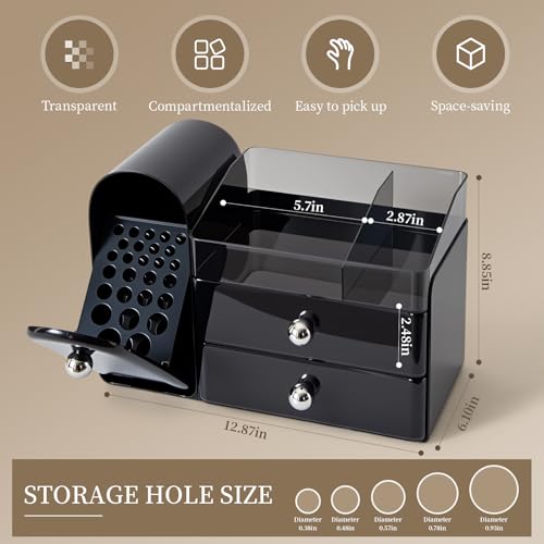 Makeup Organizer with Brush Holder for Vanity, Large Cosmetic Display Cases with 2 Drawers, Skincare Organizer for Bathroom Countertop, Black - color: Black