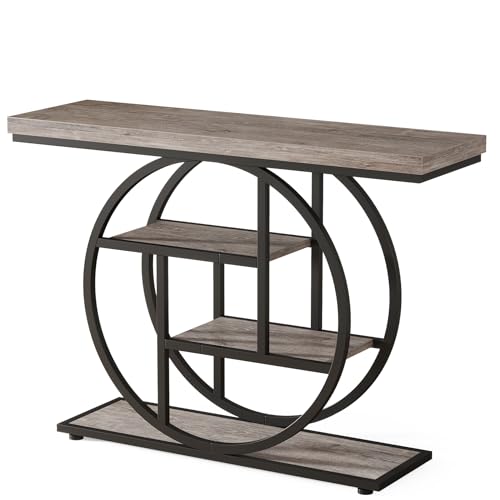 Tribesigns 41.3" Console Table, Industrial 4-Tier Sofa Table Entryway Table with Circle Base, Narrow Wood Accent Tables with Storage Shelves for Living Room, Hallway, Foyer, Gray | Industrial, Sofa Table, Entryway Table, Narrow, Accent Tables, Storage She