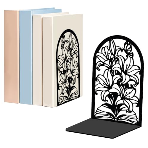 WADORN 1 Pair Lily Flower Decorative Bookends Reading Gift for Floral Lovers and Reading Enthusiasts Black Heavy Duty Book Stand Unique Book Holder Stopper for Home Office Library 5.3x4.3x7.9 Inch - color: Lily Flower