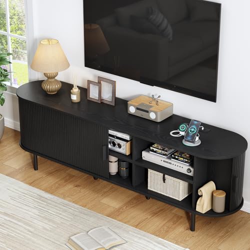 70.8" TV Stand with Power Outlet, Mid-Century Modern Television Stand, Fluted Media Console with Sliding Doors, Entertainment Center for TVs up to 60 Inch, Adjustable Shelves, Black - color: Black, size: 70.8 Inch