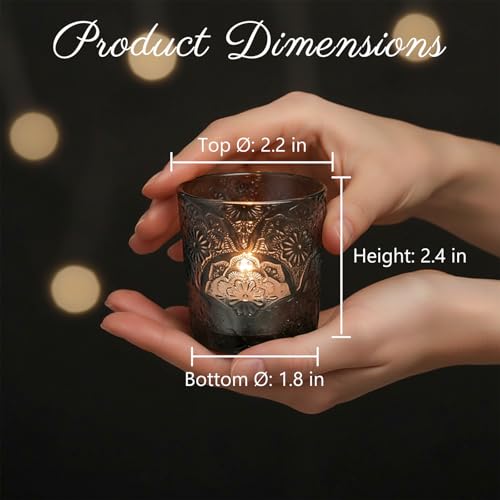 6 Pack Mandala Embossed Glass Candle Holders – Votive Tealight Holders with Patent Design, Decorative Embossed Glass Cups for Wedding Centerpieces, Parties, and Home Décor (Smoky Quartz) - color: Smoky Quartz