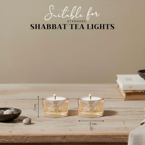 SURI Jerusalem Design Glass Shabbat Tea Light Candle Holder Set of 2 – Modern Judaica Home Décor - color: Gold (Jerusalem), size: Short