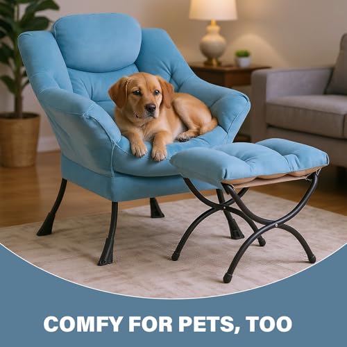 Tiita Lazy Chair with Ottoman, Blue Chiars Modern Large Accent Armchair, Comfy Leisure Sofa Reading Chair with Footrest for Bedroom, Living Room, Dorm Rooms, Garden, Velvet Light Blue - color: Light Blue