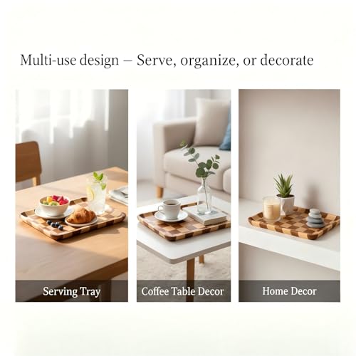 Rectangular Checkered Acacia Wood Serving Tray – Decorative Wooden Tray for Coffee Table, Snacks, and Food – Modern Wood Serving Tray for Kitchen, Dining, and Living Room Decor（13.7" x 9.8" x 0.6"）