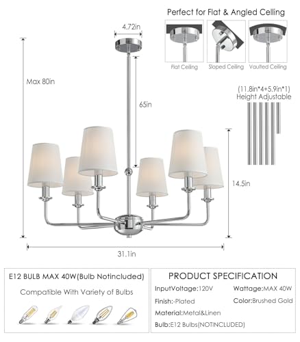 Modern 6 Light Chrome Chandelier with White Fabric Shades Elegant Ceiling Light,Farmhouse & Industrial Pendant Chandelier for Dining Room Living Room Bedroom,E12 Base - color: Chrome