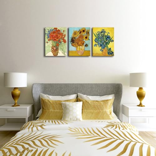 Wieco Art 3 Panels Canvas Prints of Vincent Van Gogh Paintings Reproduction Red Poppies and Daisies Sunflower Irises in Vase Canvas Wall Art for Living Room Home Office Decor - color: Flowers, size: 12 x 16 inches (Unframed)