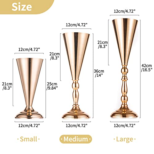NUPTIO Tabletop Metal Wedding Flower Trumpet Vase Table Decorative Centerpiece Artificial Flower Arrangements for Anniversary Ceremony Party Birthday Event Aisle Home Decoration (10 x M, Gold) - color: Gold, size: 14 inch x 10 Pcs