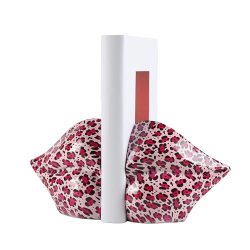 Leopard Print Lips Decorated Bookends，Set of 2 Heavy Decorative Book Stoppers，Unique Resin Decoration，Creative Desktop Decor for Study Room Hotel Office Shelves - color: Leopard Print