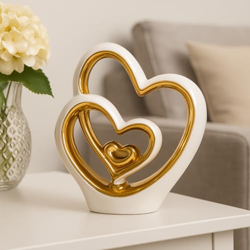 Gold Heart Ornament – Elegant Ceramic Couple Sculpture – White & Gold Tabletop Decor – Romantic Centerpiece for Living Room, Bedroom or Office – Anniversary or Valentine’s Gift