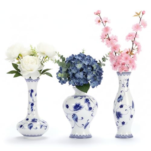 LoveCat Chinese Ceramic Vase Set - Small Blue and White Porcelain Vases, Fambe Glaze Porcelain Vases Set of 3, Classic Ceramic Flower Vases for Home Table,Bookshelf, Cupboard Décor - color: Light Blue