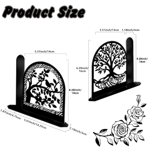 2Pcs 2 Styles Metal Tree Bookends Black Book Stopper Tree of Life Pattern Black Decorative Heavy Duty Metal Book Ends for Shelves Home Office Desk Organizer Stylish 7.48 x 6.3 x 1.18 Inch - color: Tree of Life