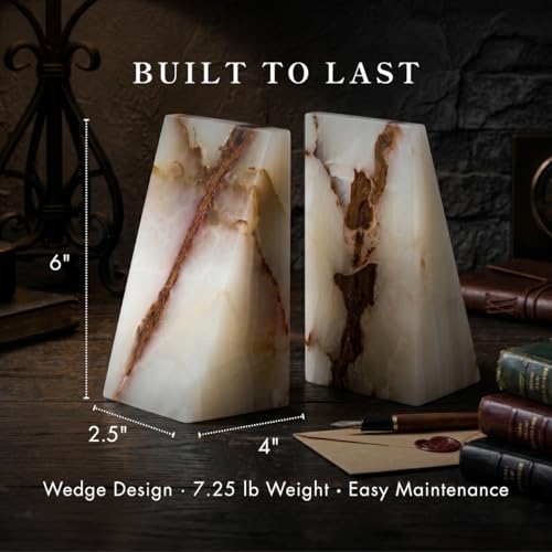 Bey-Berk White Triangular Onyx Marble Bookends - Heavy-Duty Wedge Design, Modern Office and Bookshelf Organizer - color: White