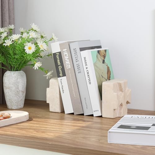 Decorative Square Marble Bookends for Heavy Books – Unique Book Ends for Shelves – Modern Aesthetic Book Holder/Stopper with Non-Slip Pads for Chic Home, Office, or Library Decor(Travertino Turkey) - style: Square-Beige