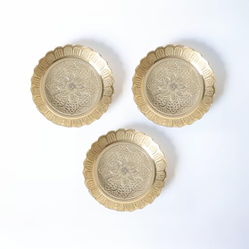 Shubhkart Solid Brass Decorative Nakshi Plate Set for Puja, Decoration & Diwali Gifting (Medium 9.5 cm, Pack of 3, Solid Brass) - size: Medium (Pack of 3)