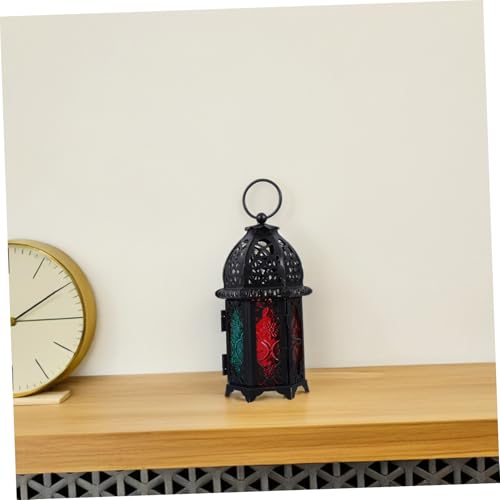 Vintage Iron and Glass Candle Lantern Colorful Decorative Holder for Events Parties and Weddings Black Frame for Indoor and Outdoor Decor - size: 16.00X6.00X6.00CM