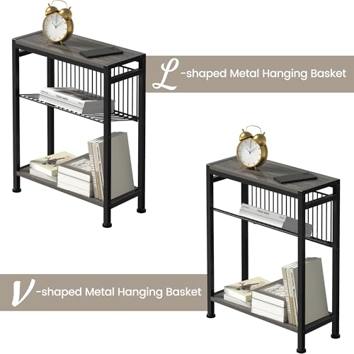 End Table for Small Space, 3-Tier Narrow Side Table with Magazine Holder,Slim Nightstand, Skinny Snack Couch Table in Living Room, Bedroom Study and Balcony (Grey) - color: Grey