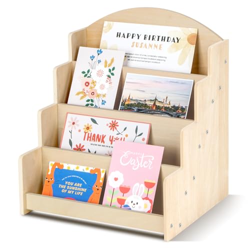 PUERSI Greeting Card Display Stand, Wooden 4-Tier Postcard Display Stand Holder for Sticker, Vendors, Retail Stores, Beige - color: Beige
