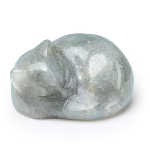 QINJIEJIE Cat Decor Statue White Labradorite Crystal Healing Stone Figurine Decor Polished Gemstones Cute Kitten Gifts Stocking Stuffers Home Office Desk Decor Cats Gifts for Cat Lover 1.6" - color: Kc-white Labradorite, size: 1.5 inches