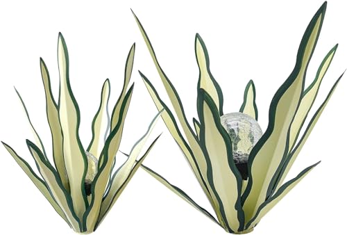 Metal Agave Plant Garden Art, 2 Pack Tequila Rustic Sculpture, Rustic Metal Agave Plants Garden Lawn Home Ornaments, for Yard Stakes, Garden Figurines, Outdoor Patio (2 PCS Green with Light) - color: 2 Pcs Green With Light
