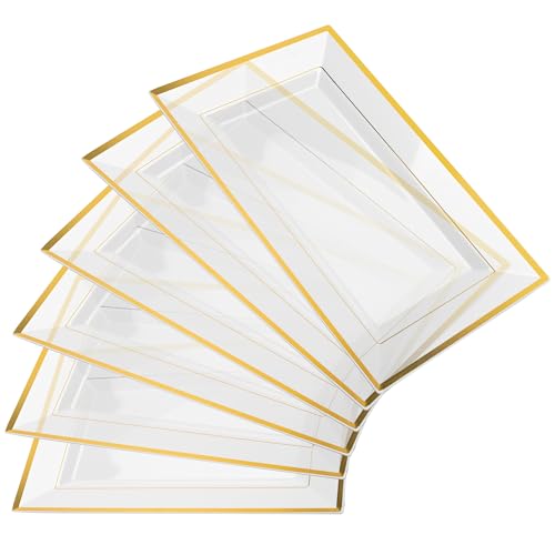 Elegant Plastic Serving Tray & Platter Set (6pk) - Clear & Gold Rim Disposable Serving Trays & Platters for Food - Weddings, Upscale Parties, Dessert Table, Cupcake display - 8x13 inches - color: Clear + Gold