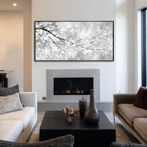 WINKAILIN Large 29"x58" White Black and Gold Plum Blossom Canvas Black Frame Wall Art Minimalist Flower Poster Decorative Artwork for Living Room Bedroom Office Kitchen Walls - color: Black and White, size: 58"L x 29"W