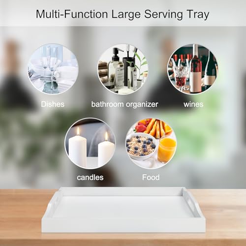 Bamboo Food Serving Tray with Handles, Breakfast Bed Tray for Tea,Snack,Dinner, Home Decorative Storage Food, Platter, Ottoman for Kitchen Counter, Bathroom, Restaurant (White) - color: White