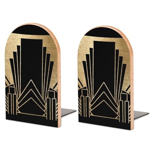 Wooden Bookends 2 Pcs,Art Deco Design Heavy Duty Office Book Ends Anti Slip Book Shelf Holder with Metal Base Decorative Book Stands - color: Art Deco Design