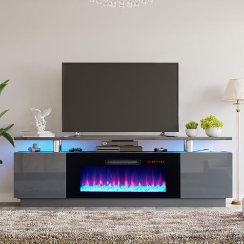AMERLIFE Fireplace TV Stand with 36" Fireplace, 70" Modern Fireplace Entertainment Center LED Lights, 2 Tier TV Console Cabinet for TVs Up to 80", Grey - color: Grey, size: 70"