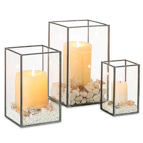 NUPTIO Glass Hurricane Candle Holder: 3 Pcs Black Lanterns Geometric Pillar Candles Holder Decorative Lantern Centerpiece for Outdoor & Indoor Halloween Holiday Fireplace Decor 8.1 & 6.5 & 4.7 inch - color: Black, size: 8.1 & 6.5 & 4.7 inch H - 3 Pcs