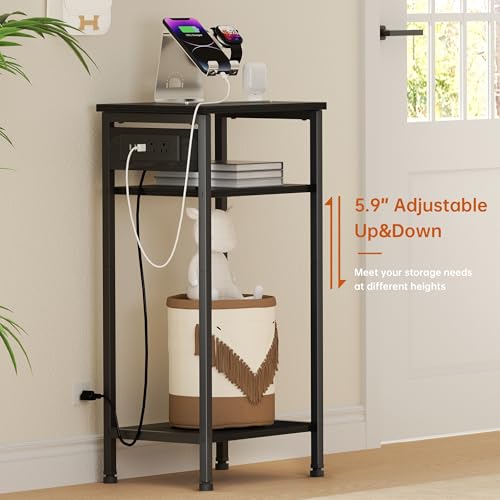 Asgolion Tall Nightstand with Charging Station, 3 Tier Narrow Tall End Table with Storage, Slim Side Table with USB Ports and Outlets for Bedroom, Living Room, Office, Black - color: Black, style: With Outlet