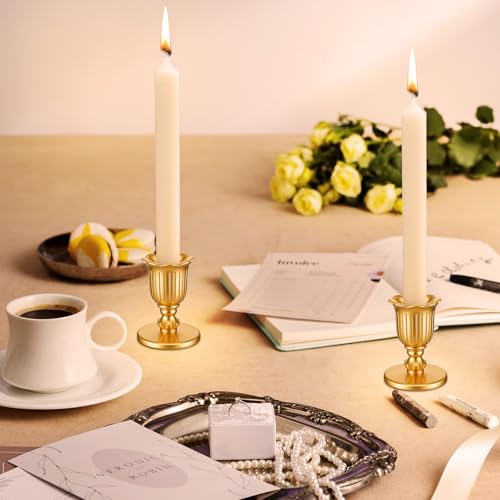 2 Packs Gold Candlestick Candle Holders for Taper, Vintage Candlestick Candle Holders Brass, Victorian Style Brass Color Candle Stick for Table Centerpiece, Wedding, Christmas Decoration