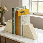 4"x5" Natural Marble Bookends for Shelves, Beige Travertine Book Ends, 7LBS Heavy Duty Marble Book Holder, Home Living Room Ornaments, Apartment Decor for Movies/CD/Video Games, Set of 2