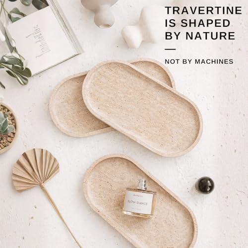 Natural Travertine Oval Bathroom Vanity Tray – 12”x6” Stone Tray for Countertop, Perfume & Jewelry Display | Solid 2cm Thick, Authentic Turkish Travertine - color: Travertine
