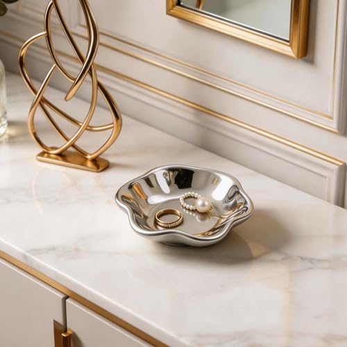 Ceramic Trinket Dish for Jewelry, Lotus Leaf Shape Small Ring Dish Tray, Jewelry Dish Organizer for Necklace Earrings, Home Decor Gift for Mom Best Friend Sister (Electroplated silver) - color: Electroplated silver