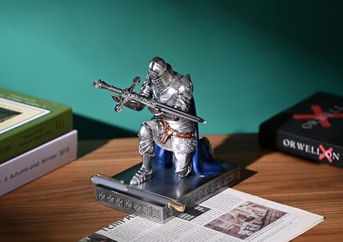 King's Guard Leader Cloak Warrior Knight Pen Holder Mobile Phone Stand, Ornament Knight Statue, Pen Stand Paperweight for Office and Home (SilverBlue) - color: Silverblue