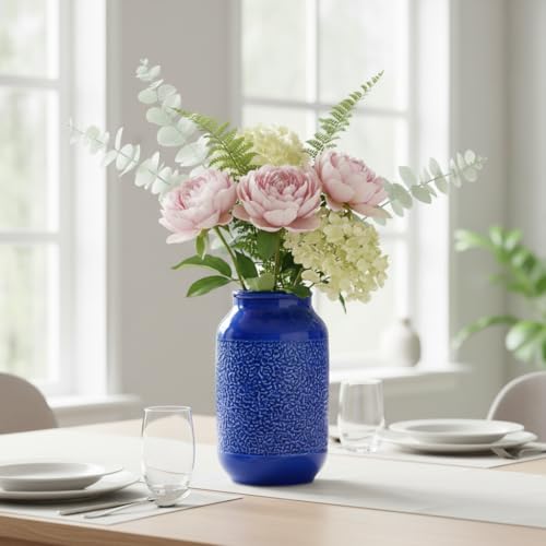 Blue Ceramic Flower Vase - 9 Inch Decorative Vase for Pampas Grass, Modern Texture Vase for Decor, Fireplace, Bathroom, Table, Shelf, Living Room, Kitchen Decor - color: Modern Blue