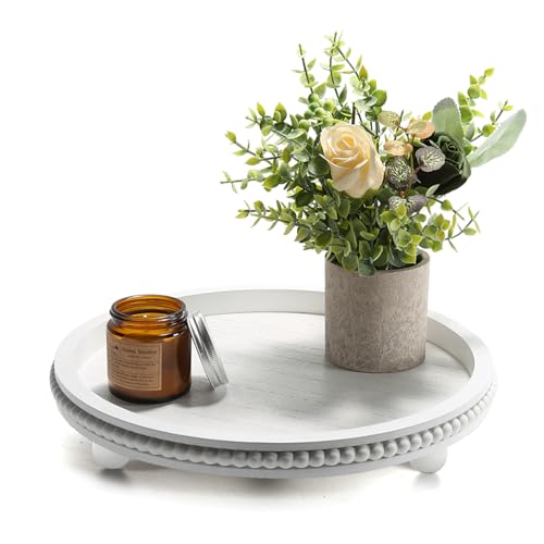 Wooden Beaded Decor Tray for Coffee Table, Rustic Wooden Trays Table Centerpieces, Decorative Trays for Home Decor Kitchen Table Farmhouse Serving Tray (Round White) - color: Round White