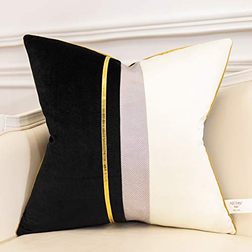 Avigers 22 x 22 Inches Black White Gold Leather Striped Patchwork Velvet Cushion Case Luxury Modern Throw Pillow Cover Decorative Pillow for Couch Living Room Bedroom Car - color: Black, size: 22" x 22" (Pack of 1)