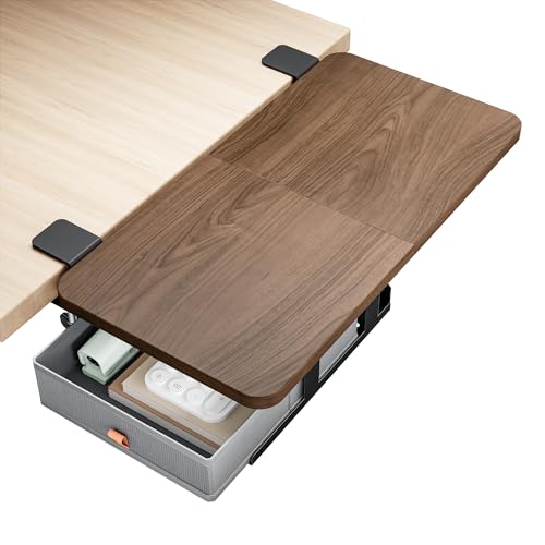 PEGZONE Desk Extender Tray, 24" x 12" Clamp On Desk Shelf, Desk Extension with Storage Drawer, Table Desk Arm Rest, Clamp On Keyboard Tray for Office and Home, Workstation Organizer, Medium, Walnut - size: 24 x 12 inch, style: Walnut with Drawer