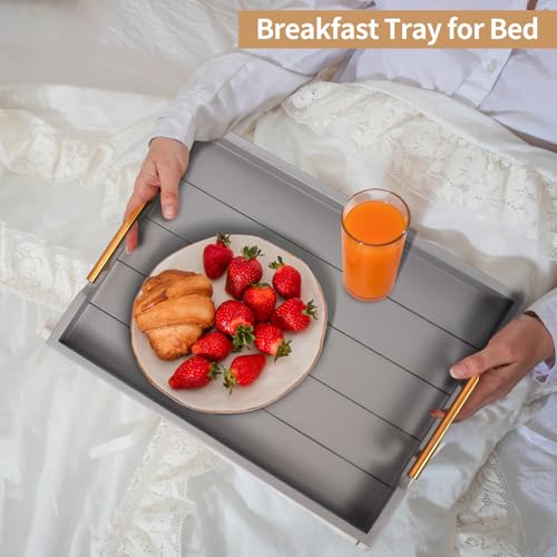 SXNOWS Wooden Serving Tray with 2 Sets of Handles,Large Ottoman Tray for Living Room, Rectangular Wood Tray for Coffee Table, Modern Farmhouse Kitchen Decor, 4 Round Coasters Included,Gray - color: Gray