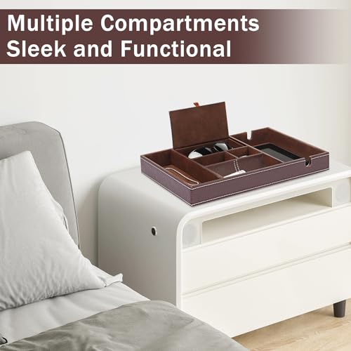 Baoyun Mens Nightstand Organizer, Leather Valet Tray for Men, EDC Catchall Tray with Phone Charging Station, Dresser Top Organizer, 6 Compartments Entryway Valet Box for Wallet, Keys, Phone - color: Single layer-Brown