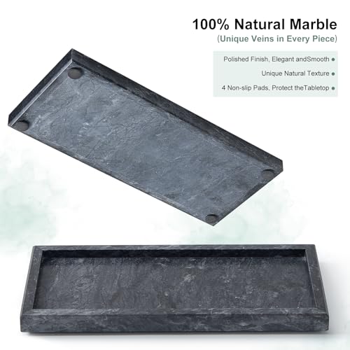 Natural Marble Vanity Tray, Luxury Stone Organizer for Bathroom & Kitchen Counter | Holds Soap Dispenser, Jewelry, Perfume | Non-Resin, Non-Ceramic Décor - color: Black, size: 11.8" x 5.1" x 0.8"